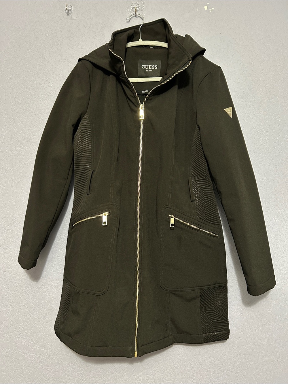 GUESS Olive Green Hooded Zip-Front Trench Coat with Gold-Tone Hardware